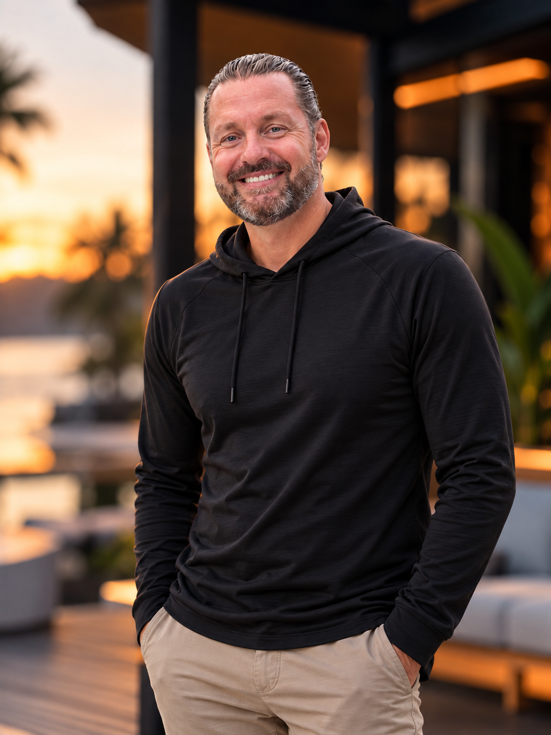 Trevor Rose in a black hoodie at sunset